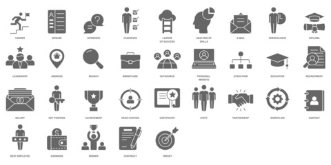 Headhunting And Recruiting minimal thin line and glyph web icon set. Included the icons as Job Interview, Career Path, Resume and more. Outline and glyph icons collection.Simple vector illustration.