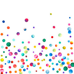 Watercolor confetti on white background. Actual rainbow colored dots. Happy celebration square colorful bright card. Lovely hand painted confetti.