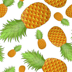 Pineapple seamless pattern on white background. Tropical fruit repeating endless texture. Yummy boundless background. Food surface pattern design. Editable tile for textile or stationery