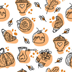 Breakfast Vector seamless pattern. Cream and cherry muffins. Cappuccino and croissant.
