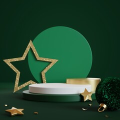 Christmas background with podium for product display. 3d rendering. Green background.