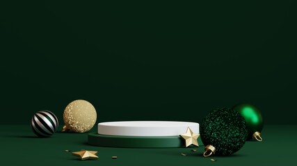 Christmas background with podium for product display. 3d rendering. Green background.