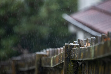 Wooden fence in the rain. Selective focus on one fence post.