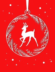 Christmas congrats greeting card. Christmas card with silhouette of a deer in a ball with branches of a Christmas tree. New Year theme. Vector illustration.