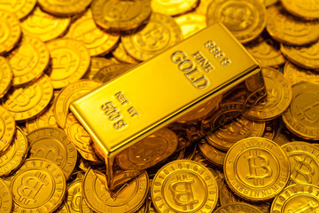 gold bitcoin coin with gold bar. cryptocurrency background concept.