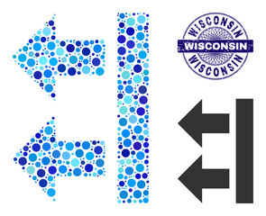 Circle composition bring left icon and WISCONSIN round rubber stamp print. Blue stamp seal includes WISCONSIN title inside circle and guilloche style. Vector mosaic is based on bring left icon,