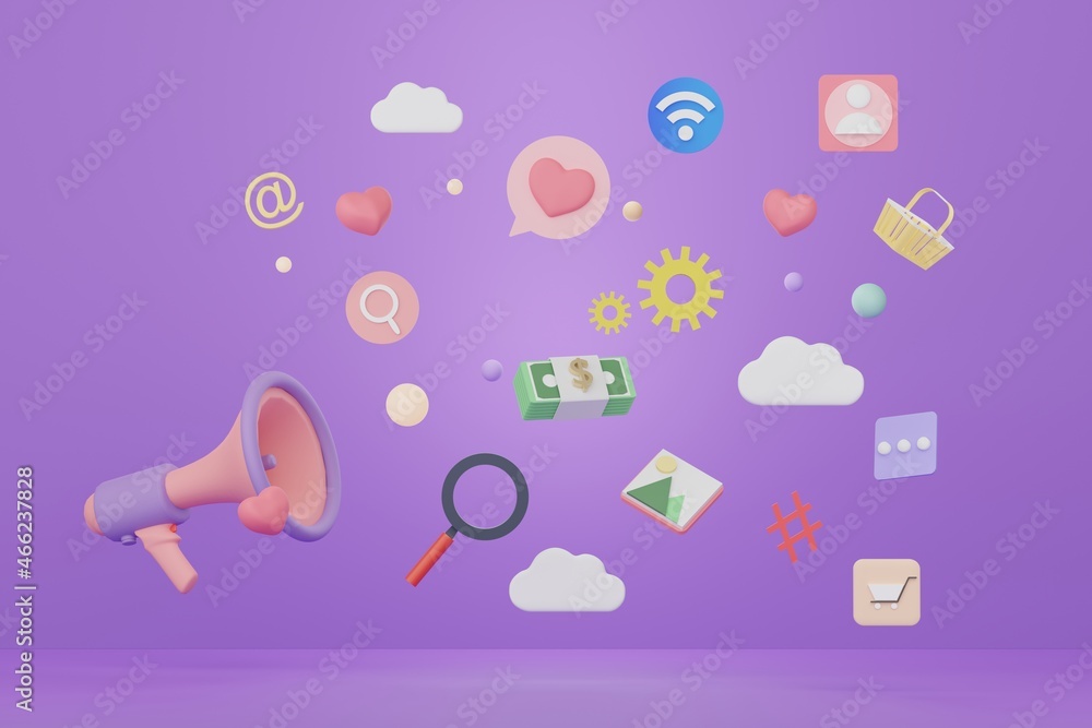 Aufkleber 3d render megaphone with online media application and icon that floating around on purple background