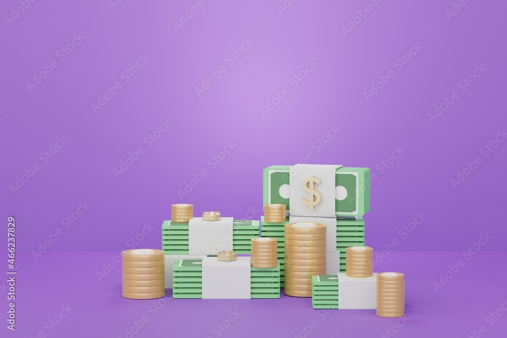 Poster 3d rendering minimal stack bundle of money, cash and coins with financial saving concept.