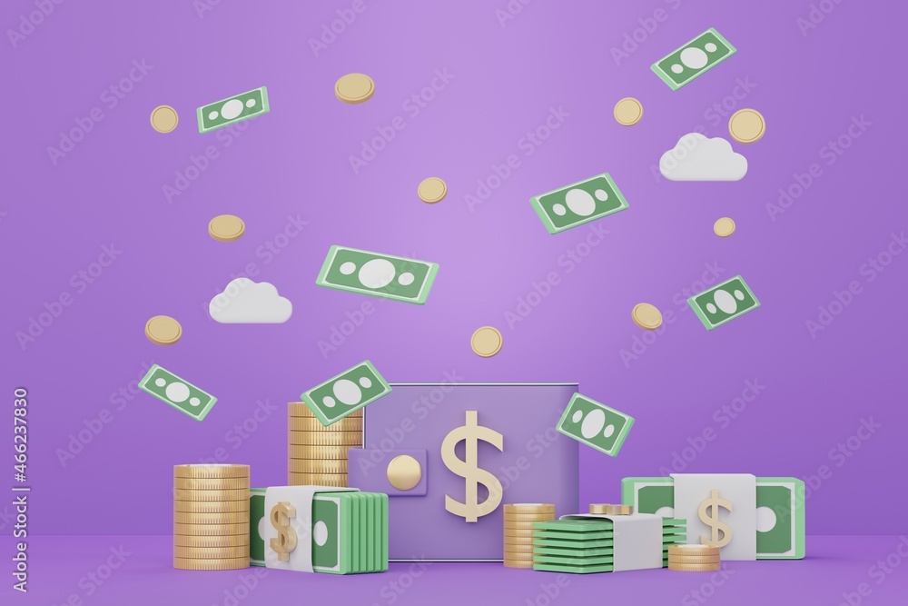 Poster 3d rendering minimal stack bundle of money, cash and coins with financial saving concept.