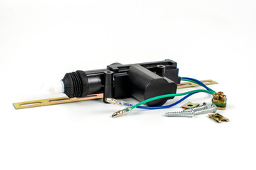 Mechanism of a car door lock isolated on a white background.