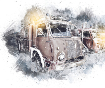 Vintage Commer Fire Engine - Truck parked in road, illustration, drawing, sketch, vintage, art, painting, vintage, antique, retro