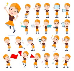 スマートフォンなどのデジタル機器を持つファストフード店員男性のセット