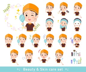 美容に関するファストフード店員男性のセット