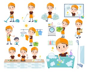 掃除や洗濯など家事に関するファストフード店員男性のセット