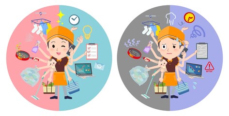 オフィスとプライベートでマルチタスクをこなすファストフード店員男性のセット