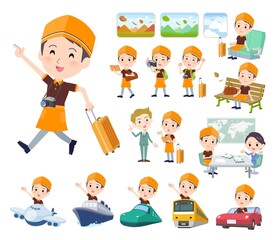 旅行に関するファストフード店員男性のセット