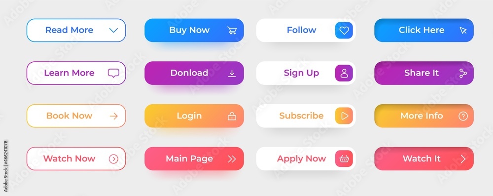 Poster Action button. Website and application interface elements. Buy now share follow click and sign up web UI graphic icons. Modern game digital border with lettering. Vector app symbols set
