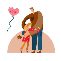 Dad hugs his daughter. Vector illustration in a flat style. Father and child love. Abstract human figure