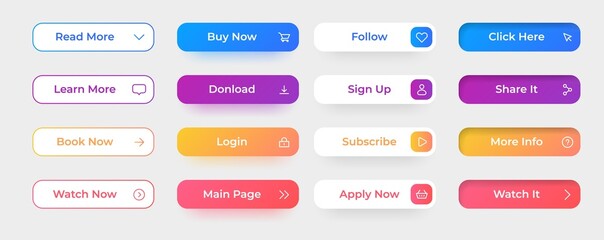 Action button. Website and application interface elements. Buy now share follow click and sign up web UI graphic icons. Modern game digital border with lettering. Vector app symbols set