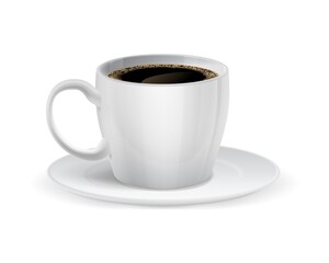 Realistic cup with black coffee. White espresso mug and saucer. Ceramic tableware for caffeine drink. Side view of porcelain tableware. Cafeteria menu element. Vector beverage serving