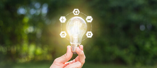 Green energy innovation light bulb with future industry of power generation icon graphic interface....