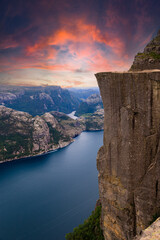 Colorful sunset of the Lysefjord in Norway. View from the Preikestolen
