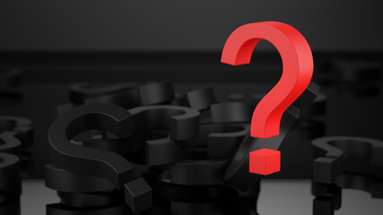 Red question mark on the background of black question marks. Which lying on the table. 3D render.