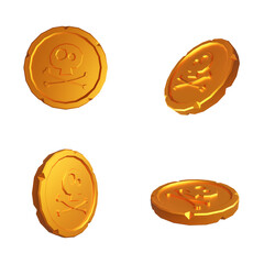 Golden Coins Set with Pirate Sign as Skull and Bones. 3D Illustration.