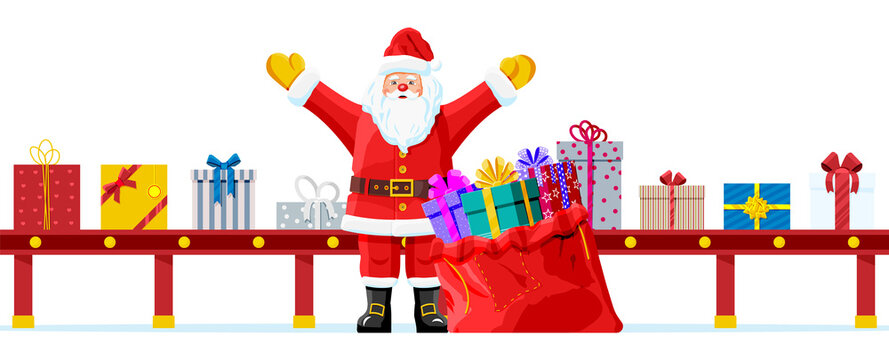 Christmas Factory Packs Gifts Boxes and Santa Claus with Bag. Festive Presents Conveyor. Presents Delivery, Shipping. New Year Decoration. Christmas Holiday. New Year, Xmas. Flat Vector Illustration