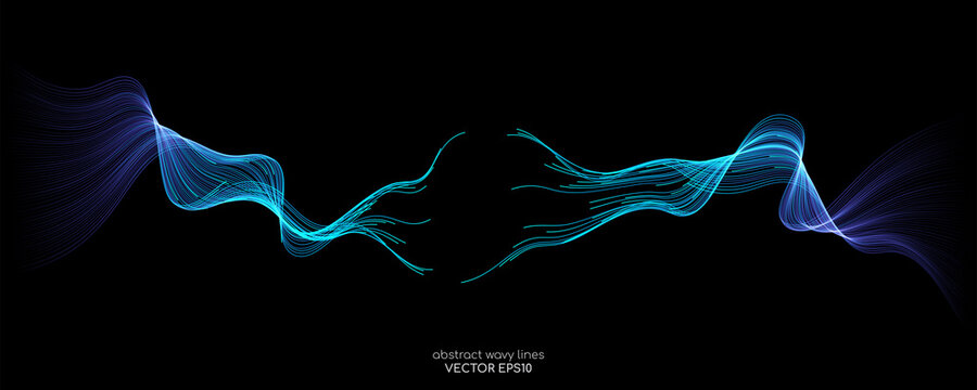 Abstract vector wave lines green and blue colors isolated on black background for design elements in concept technology, modern, science. A.I.