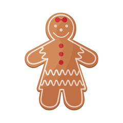 Cute Christmas gingerbread in a dress. New Year s smiling gingerbread. Festive pastries. Christmas cookies in the form of a cheerful little man. Vector illustration isolated on a white background