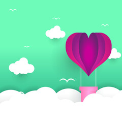 Obraz premium Valentines day greetings card with balloons flying with clouds vector.Heart hot air balloon flying.Love background.Cute paper cut design.posters,brochure,banners.Paper cut style. Space for your text