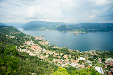 Fototapeta na wymiar Beautiful view of Lake Orta from the heights of Madonna del Sasso in Piemonte