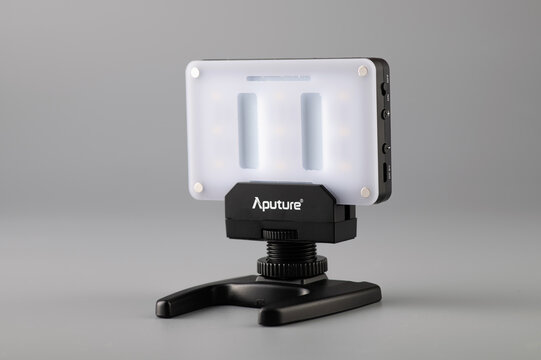 Rivne, Ukraine, 10.30.2021, Amaran Aputure mobile LED light on gray background