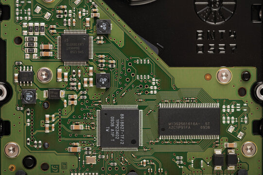 hard disk board close-up, top view