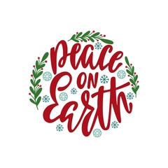 Round Christmas Ornament with hand drawn lettering text. Holiday decoration. Vector illustration isolated.