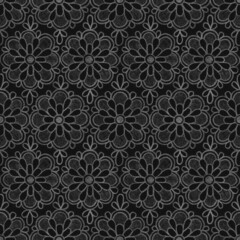 Obraz na płótnie Canvas Abstract ornamental geometric seamless pattern with white contours of abstract flowers on textured black background. Template for design, textile, wallpaper, wrapping, carton, ceramics.