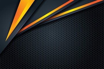 Dark abstract triangle background with yellow orange line gradient shapes. Black hexagon mesh pattern decoration.