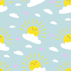 Seamless vector pattern with sunnies, clouds and little hearts on blue sky