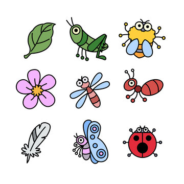 Cute cartoon insects, leaves and flowers, suitable for children.