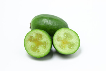 Feijoa on a white background. The fruit is healthy. Healthy eating