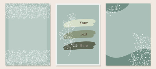 Set of background design templates with hand drawn leaves, branches, and abstract shapes.