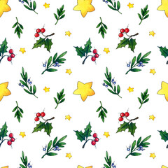 seamless watercolor pattern with christmas stars, holly and mistletoe sprigs on a white background.