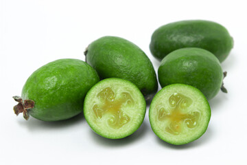 Feijoa on a white background. The fruit is healthy. Healthy eating