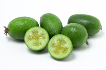 Feijoa on a white background. The fruit is healthy. Healthy eating