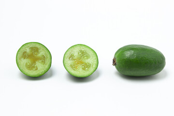 Feijoa on a white background. The fruit is healthy. Healthy eating