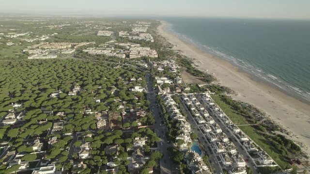 Aerial view of La Barrosa (Chiclana de la Frontera) a beautiful Village of Andalusia Spain in Cadiz
