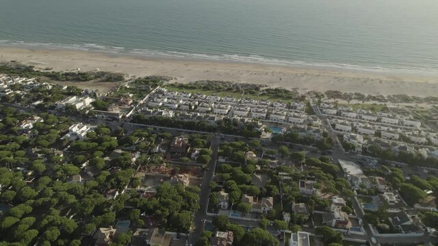 Aerial view of La Barrosa (Chiclana de la Frontera) a beautiful Village of Andalusia Spain in Cadiz
