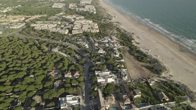 Aerial view of La Barrosa (Chiclana de la Frontera) a beautiful Village of Andalusia Spain in Cadiz
