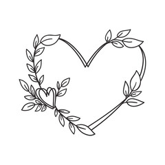 Hand drawn floral wreath with heart and leaves.